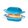 Light blue cast iron bread loaf pan with lid. 