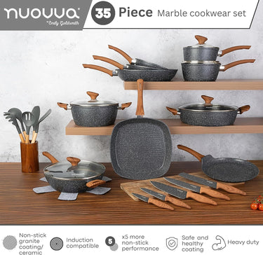 35 piece marble cookware set with induction compatible base, includes kitchen utensils and kitchen knives.