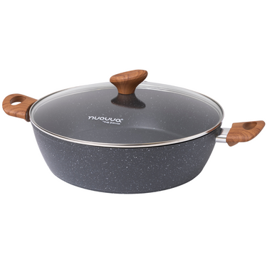 Grey marble shallow casserole pot with glass lid, wooden handles and knob.