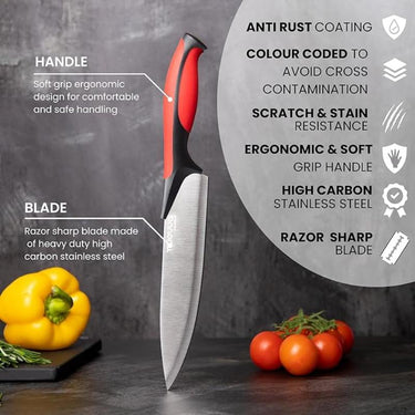 Professional kitchen knife with colour coded handle and razor sharp blade