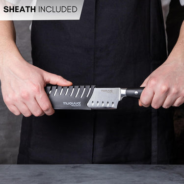 Nuovva 7 inch Professional Santoku Knife with protective sheath. 