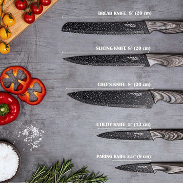 Granite kitchen knife set including utility knife, slicing knife, chef's knife, bread knife and paring knife. 