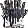 17pcs marble effect kitchen knife set with acrylic block and utility tools including peeler, knife sharpeners and scissors. 