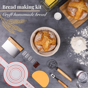 Bread making kit to craft homemade bread with slings, ratten proofing basket and baking tools and utensils 