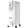 White portable radiator with timer and wheels. 