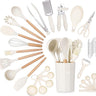 35pcs Cream kitchen utensil set includes holder, hook, spatula, measuring cups and more.