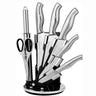 Stainless steel knife set with rotating block. Kitchen knife set includes paring knife, utility knife, bread knife, chef knife, cleaver knife and scissors. 