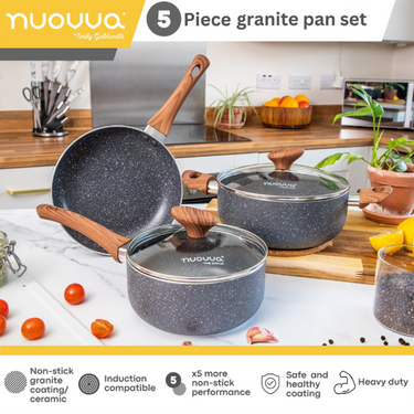 5 piece granite induction cookware set with ceramic coating including a frying pan, stockpot and saucepan with lids. 