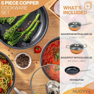 5 piece copper cookware set includes a saucepan with glass lid, stock pot with glass lid and frying pan. 