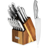 Stainless steel kitchen knife set with hardwood block including chefs knife, slicing knife, paring knife and cooking shears. 