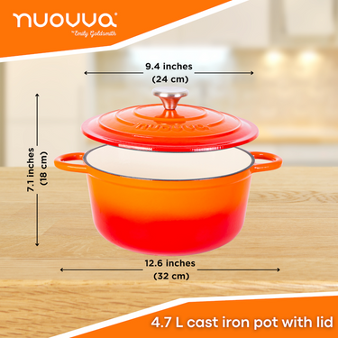 4.7L cast iron pot with lid. Orange dutch oven for induction cooking. 