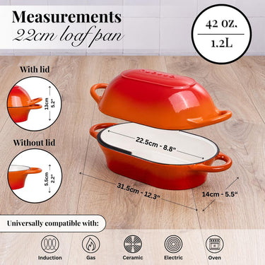 22cm bread loaf pan with lid, oven-safe cookware compatible for all stovetops. 