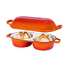 Orange enameled cast iron Dutch oven bread loaf pan with two compartments for easy bread baking.