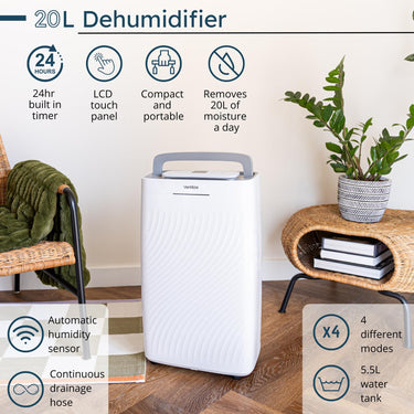 20L dehumidifier with 24hr built in timer, LCD touch panel and removes 20L of moisture a day with automatic humidity sensor