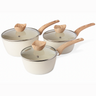 Cream marble saucepan set with glass lid and wooden handles