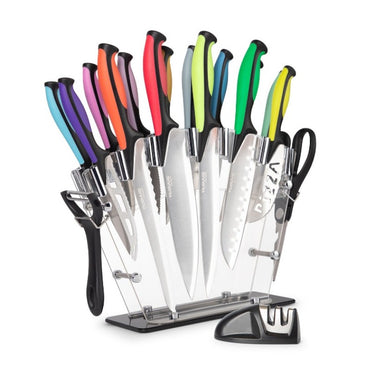 Colour coded kitchen knife set with acrylic block, peelers, scissors and sharpener
