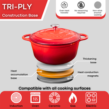 Red induction cast iron cookware with lid. Casserole pot for induction top. 