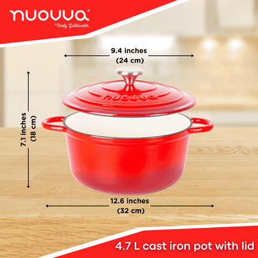 4.7 cast iron pot with lid. Red Dutch oven with lid. 