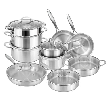 Stainless steel cookware set includes saucepans, frying pans and saucepans. 