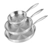 Set of three stainless steel frying pans stacked in alternate sizes