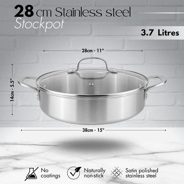 28cm Stainless steel stockpot - 3.7 litres capacity with no coating and naturally non-stick