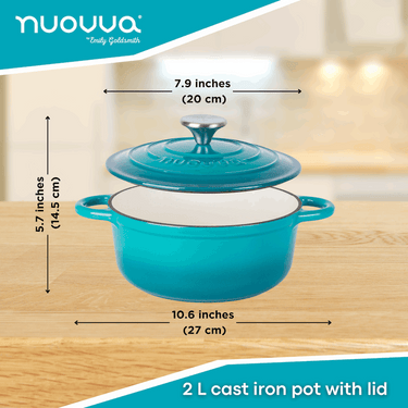 2L cast iron pot with lid. Teal Dutch oven. 