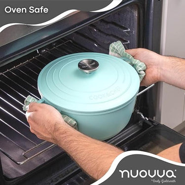 Nuovva teal oven safe aluminum casserole pot with lid, for easy stove to oven cooking. 