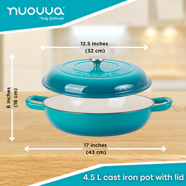 4.5L cast iron pot with lid. Shallow casserole dish compatible with all stove types. 