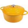 Yellow cast iron casserole dish with lid. Dutch oven for all hob type