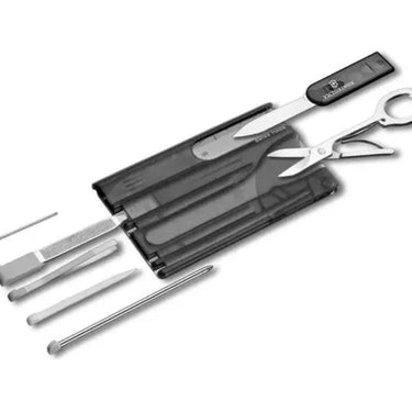 Victorinox black SwissCard classic by DPC – 10 tools in one including nail file,
screwdriver, toothpick, tweezers, 
pin, stainless steel emergency blade (letter opener) and scissors
