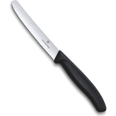 Victorinox Swiss Classic Tomato & Table Knife with a wavy edge blade and black ergonomic handle, 11 cm in length.