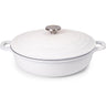 White shallow casserole pot with lid. 