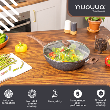 Induction pan with glass lid and wooden handle