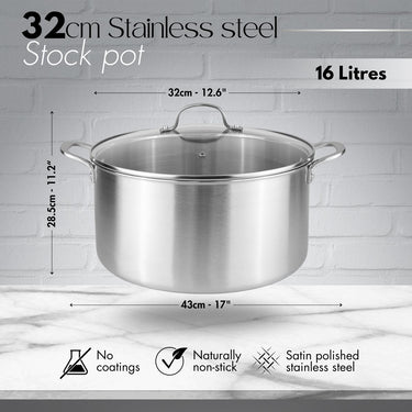 16L Stainless Steel Cooking Pot – 32cm, Tri-Ply Construction, Induction Compatible with Glass Lid, Nuovva