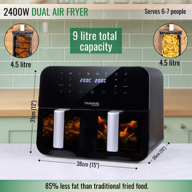 Dual Air Fryer Oven With 12 Presets – 9L, 2400W, by Nuovva. Healthy cooking