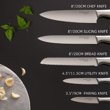 Kitchen knife set including chef knife, slicing knife, bread knife, utility knife and paring knife