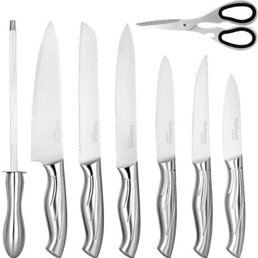 Stainless steel kitchen knife set including paring knife, steak knife, utility knife, slicing knife, bread knife and chef knife