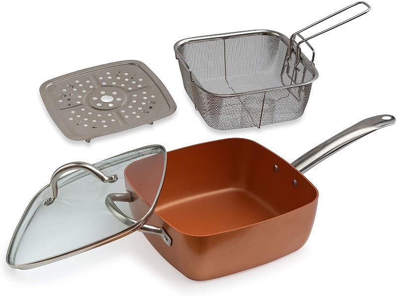  4-pc Deep Square Copper Cookware Pan Set, 6-in-1, You can bake,  deep-fry, roast, steam, saute or broil, with just this one pan! Includes  two easy dual pour spouts and beautiful slate