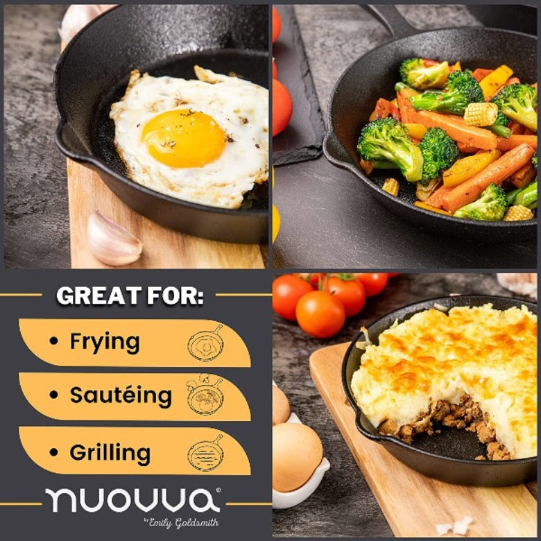 nuovva Pre-Seasoned Cast Iron Skillet Frying Pans Oven Safe Cookware for  Indoor & Outdoor Use - Grill, StoveTop, Black (3-Piece Chef Set 6-Inch  15cm