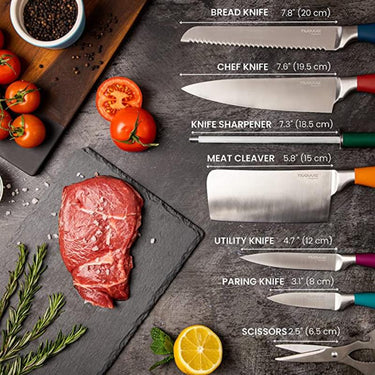 Kitchen knife set including bread knife, chef knife, knife sharpener and more
