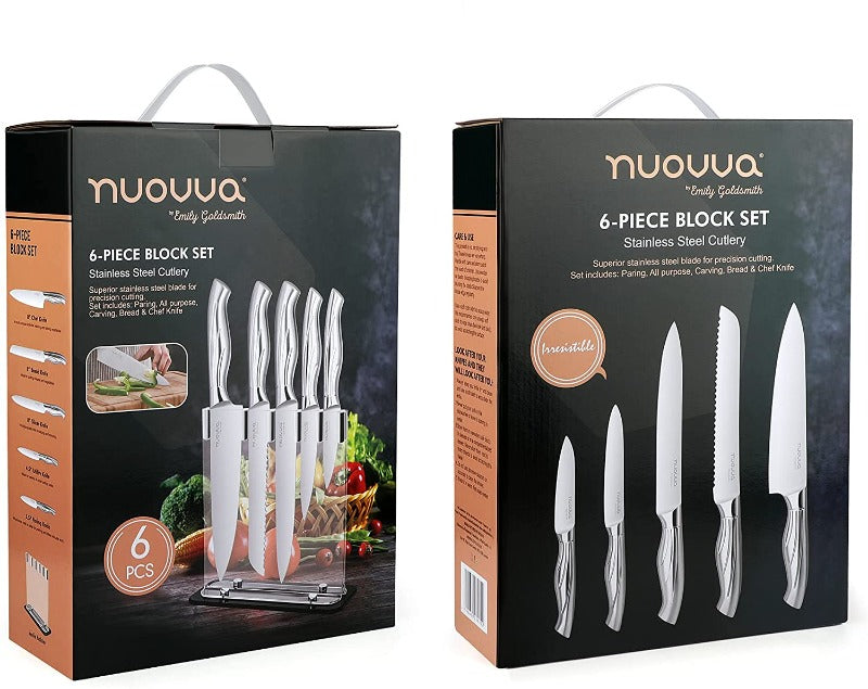 nuovva Kitchen Knife Block Set Copper 5 Piece Set with Knives Clear Acrylic Block Stainless Steel Blades