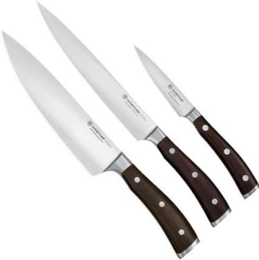 Ikon 3-piece Knife Set by Wüsthof. Kitchen knives include carving knife, cooks knife and paring knife. 